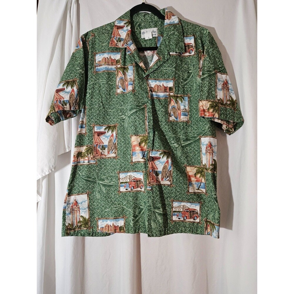 VTG Bishop St Hawaiian Shirt Mens Large Aloha Green Surf Car Tropical